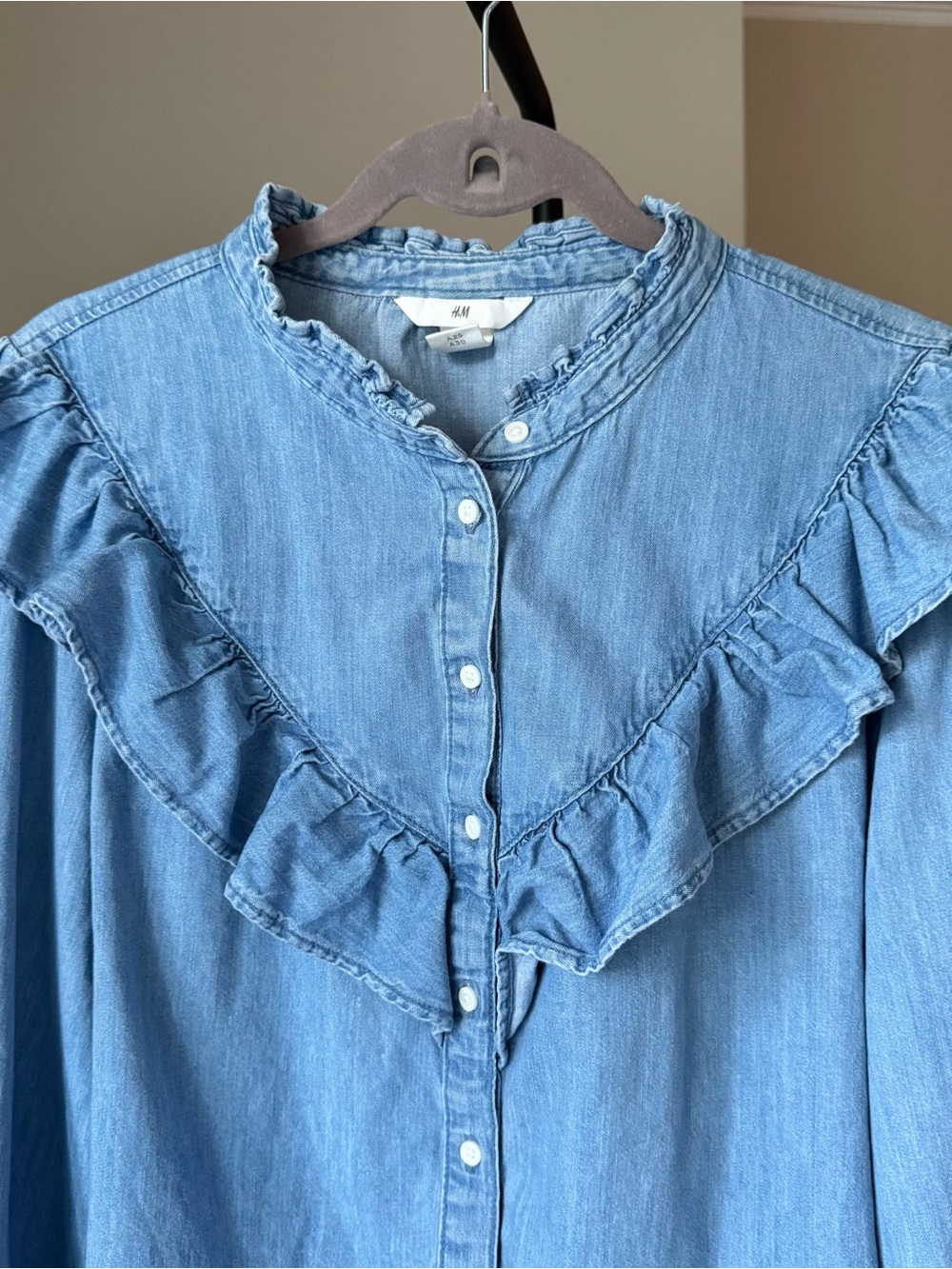 H&M Light Blue Denim Shirt with Ruffled Yoke